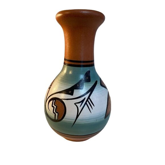 Native American Signed Clay Redware Pottery 7" Vase Hand Painted Glazed - Picture 8 of 8